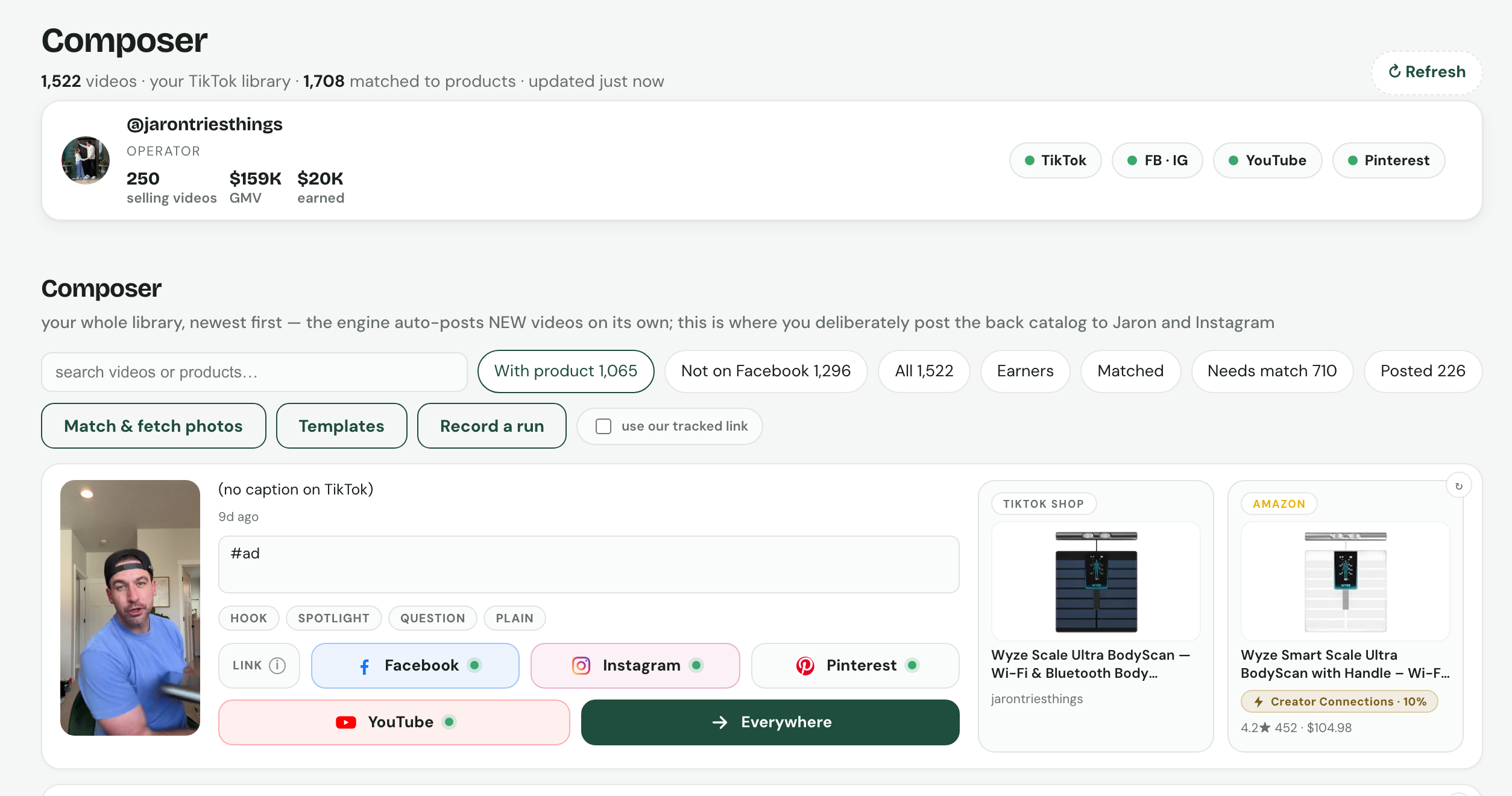 The EverySqueeze Composer: one video, post buttons for Facebook, Instagram, Pinterest, YouTube and Amazon